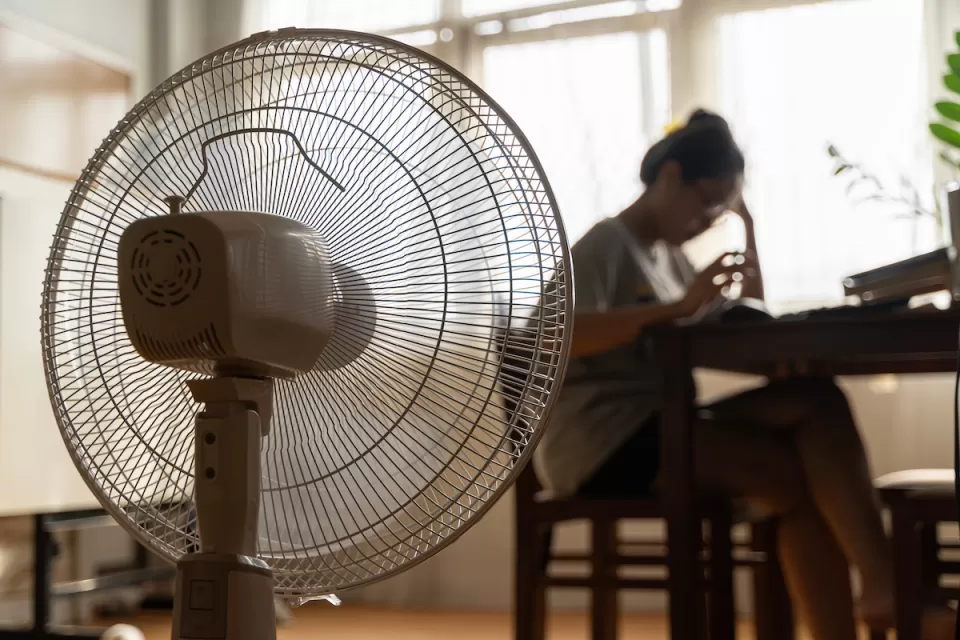 Close-up of floor fan operating with blurred woman sitting at table in background.
